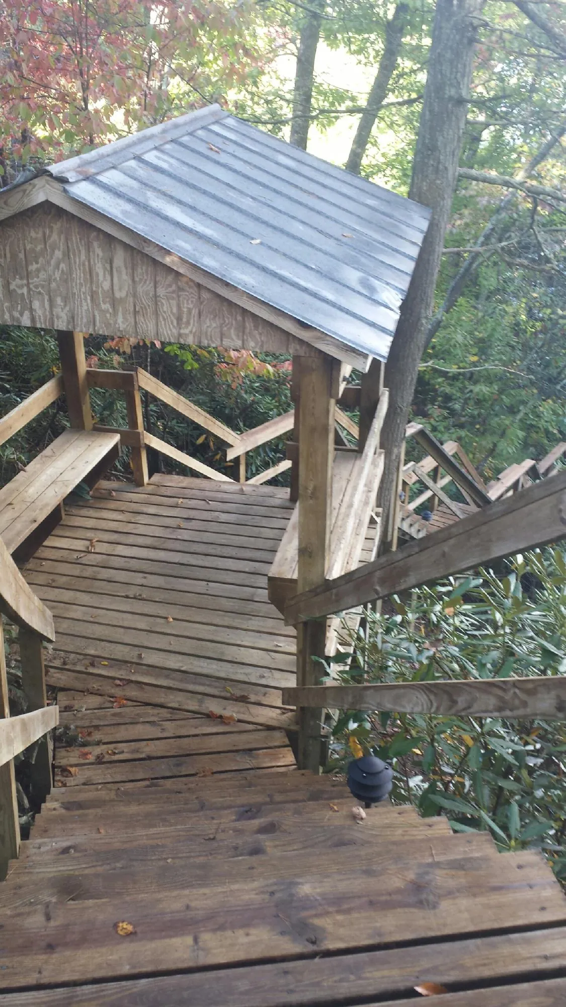 Metal roofed shelter over wooden steps on a wooded walkway — Skylight Repair & Installation work by our crew in Saint Helens